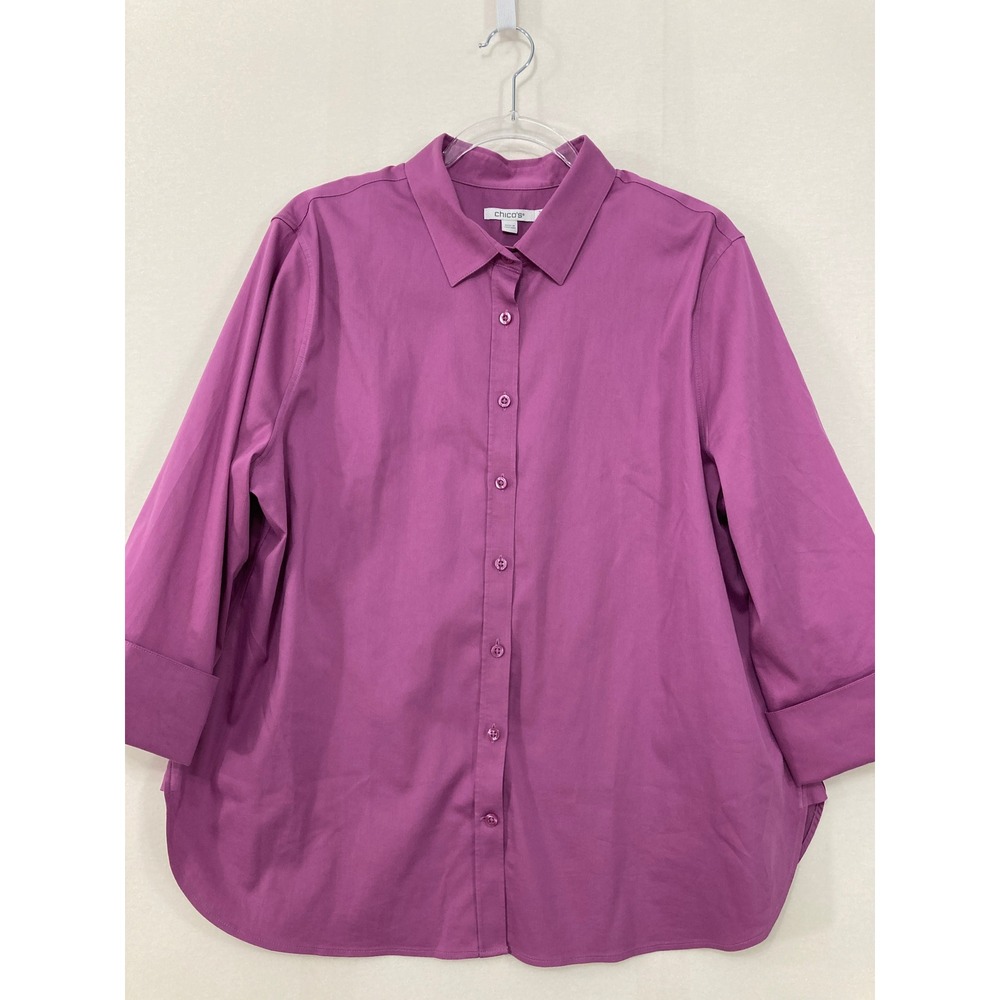 Chico's Button Down size‎ 3/XL Magenta Purple 3/4 Sleeve Cotton Blend Stretch